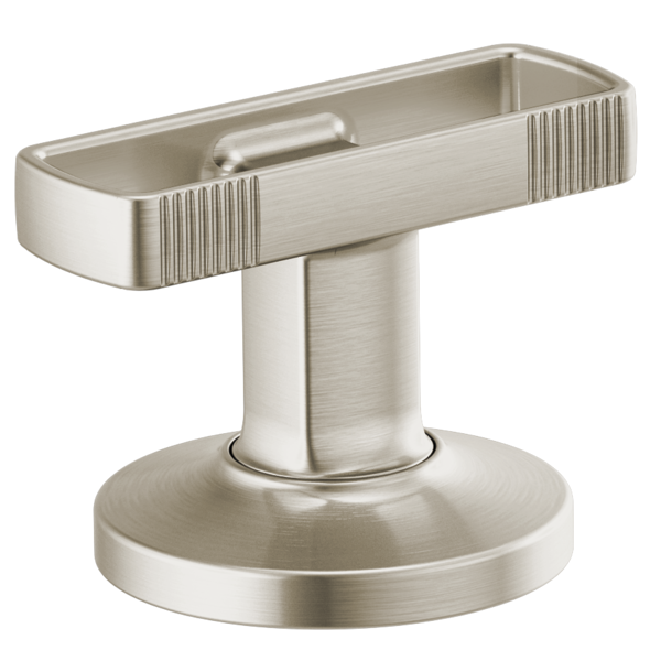 Brushed nickel T-shaped handle with vertical ribbed detailing on rectangular knob and circular base mount.