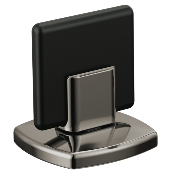 Chrome and matte black knob handle for widespread lavatory faucet with rounded square design.