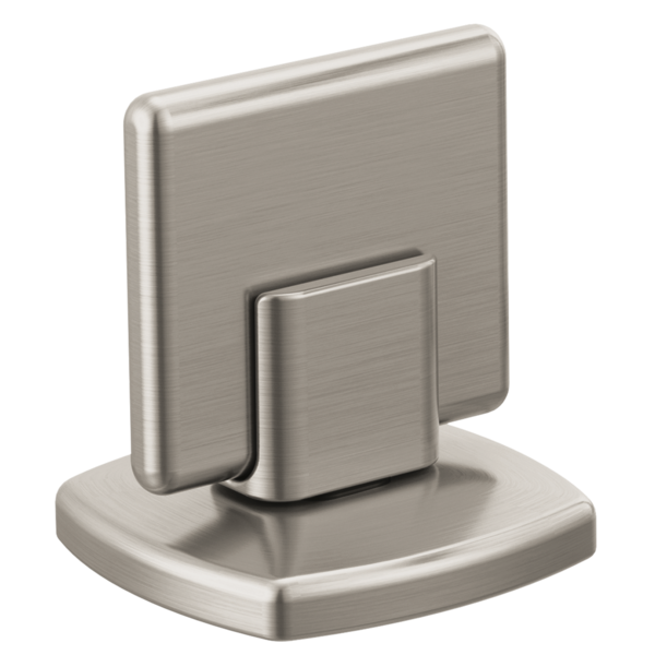 Brushed nickel lavatory faucet knob handle with square backplate and mounting base.