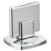 Chrome square knob handle with curved base for widespread lavatory faucet installation.