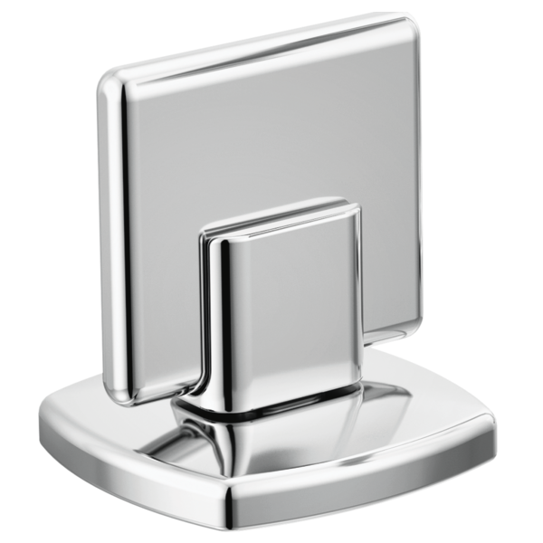 Chrome square knob handle with curved base for widespread lavatory faucet installation.