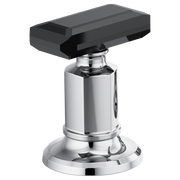 Black crystal knob handle with polished chrome base and cylindrical body for widespread lavatory faucet.