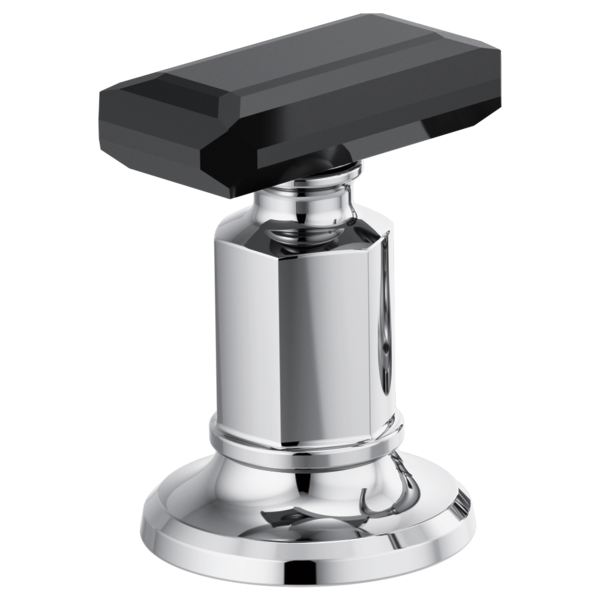 Black crystal knob handle with polished chrome base and cylindrical body for widespread lavatory faucet.