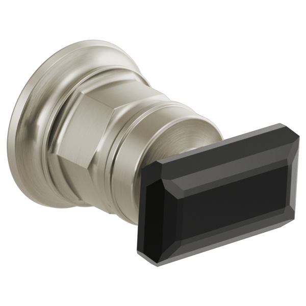 Brizo Invari wall-mount faucet handle with black crystal knob and brushed nickel finish collar.