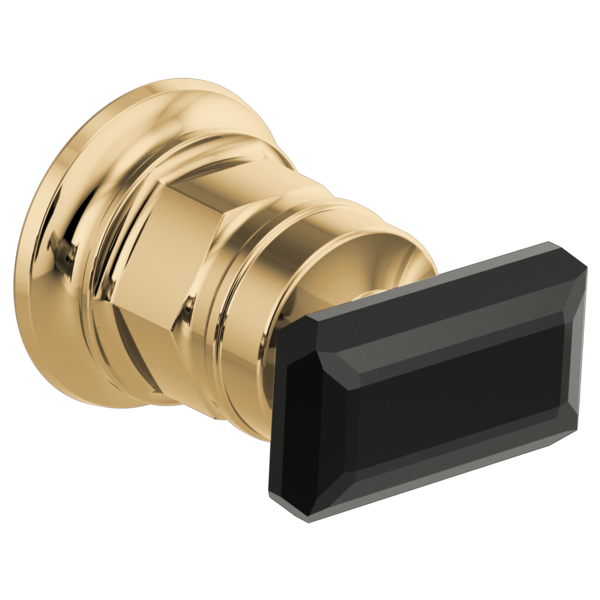 Wall-mount lavatory faucet handle with black crystal knob and polished gold base.