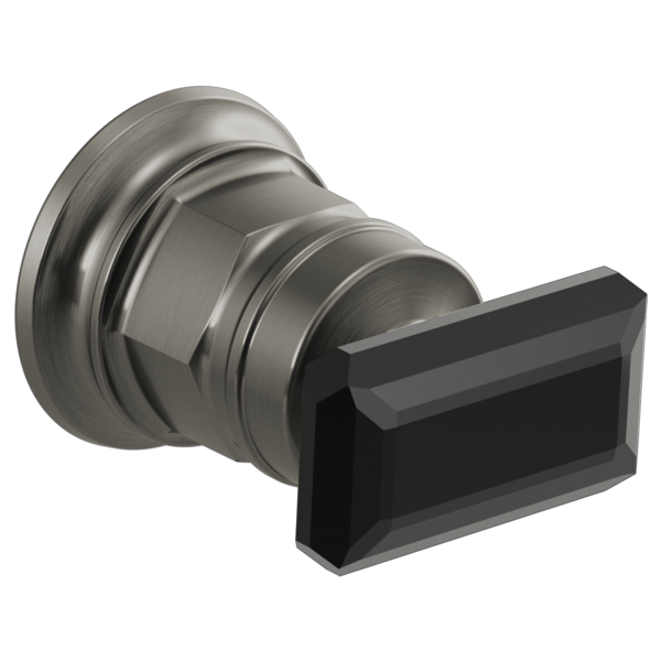 Wall-mounted faucet valve with brushed gray body and black crystal rectangular handle knob.