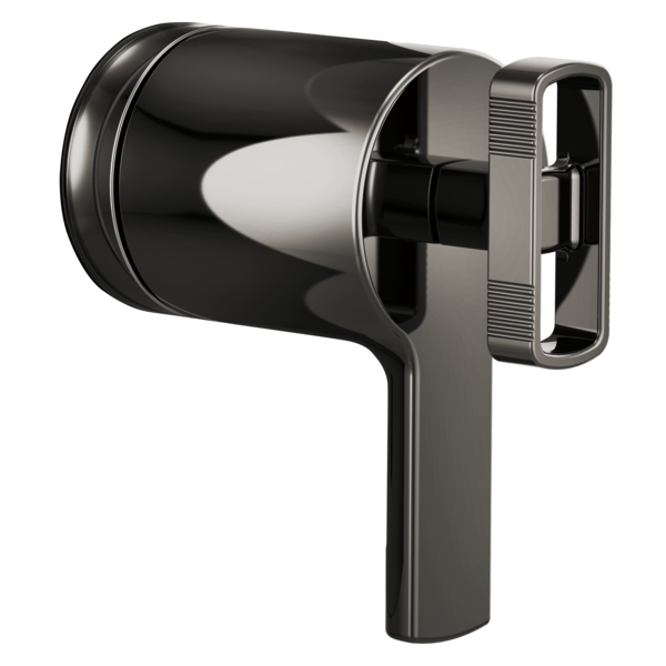 Black and chrome thermostatic valve trim with rectangular handle and cylindrical body featuring white accent stripe.