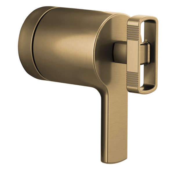 Brushed gold thermostatic valve trim with cylindrical knob and rectangular escutcheon plate.