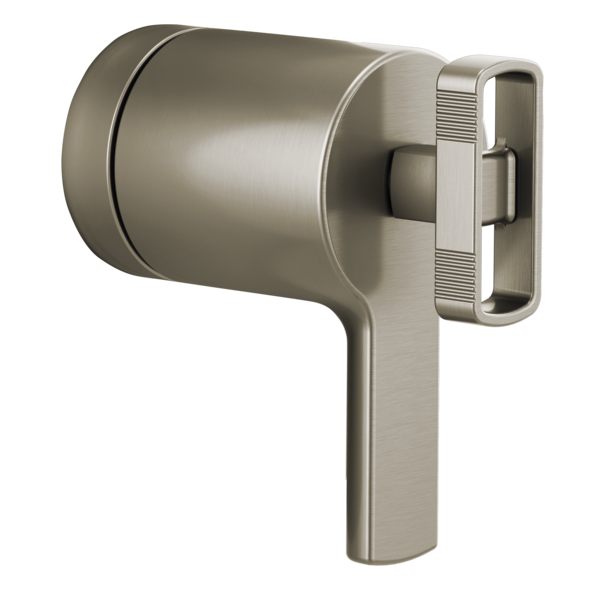 Brushed nickel thermostatic valve trim with cylindrical body and rectangular lever handle.