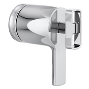 Chrome and white thermostatic valve trim with lever handle and rectangular outlet port.