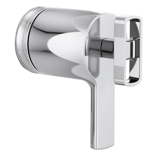 Chrome and white thermostatic valve trim with lever handle and rectangular outlet port.