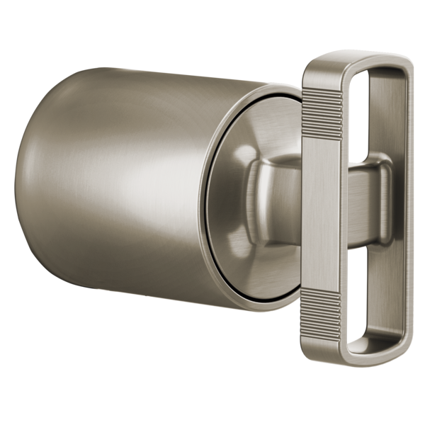 Brushed nickel cylindrical valve trim with rectangular handle and textured grip detail.