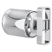 Chrome pressure balance valve trim with cylindrical knob handle and rectangular wall plate.