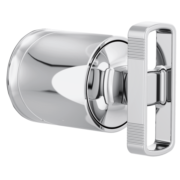 Chrome pressure balance valve trim with cylindrical knob handle and rectangular wall plate.