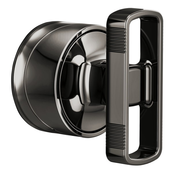 Black and brushed nickel thermostatic valve trim knob with rectangular handle and circular escutcheon plate.