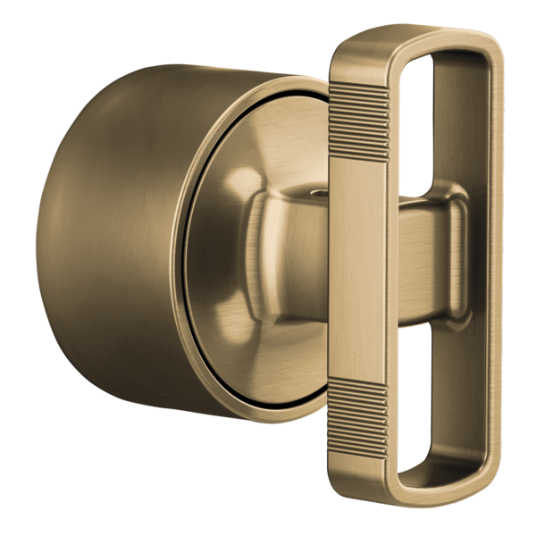 Brushed gold thermostatic valve trim with cylindrical knob and rectangular handle plate featuring horizontal ribbed detailing
