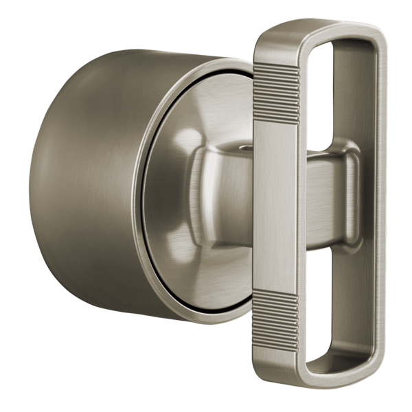 Brushed nickel thermostatic valve trim with cylindrical knob and rectangular handle plate featuring horizontal ridged detail.