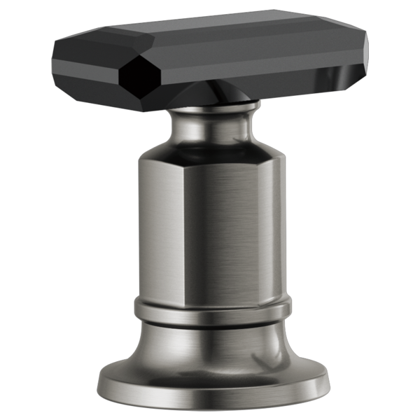 Black crystal knob handle mounted on brushed stainless steel base for Roman tub faucet installation.