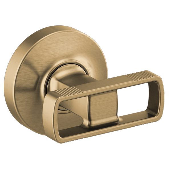 Brushed gold wall-mounted lever handle with circular trim plate and textured grip surface.