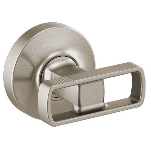 Brushed nickel wall-mount tub filler handle with rectangular lever and circular mounting plate.
