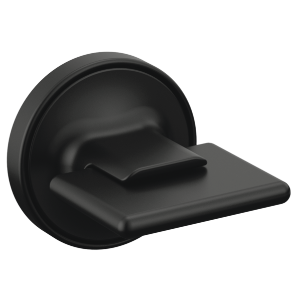 Black wall-mount tub filler handle with lever design and round escutcheon plate.