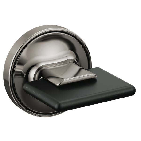 Brushed nickel wall-mounted tub filler handle with black lever and circular trim ring.
