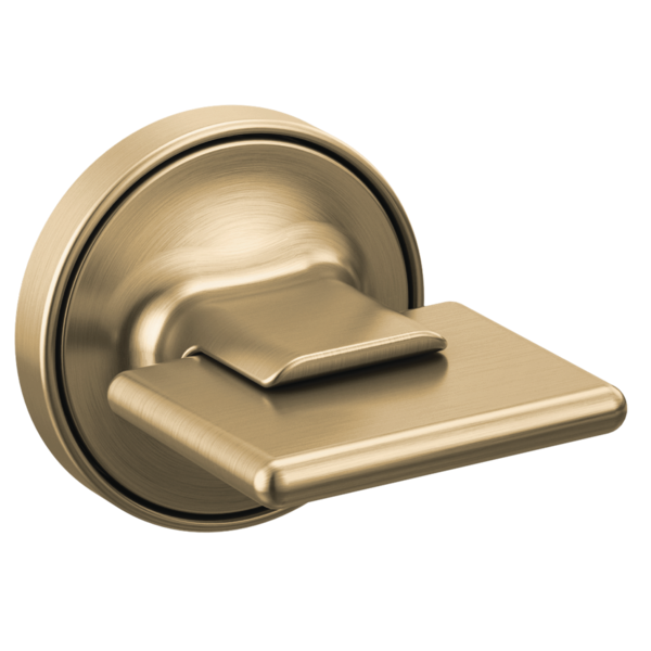Brushed brass wall-mount tub filler handle with lever design and circular trim plate.