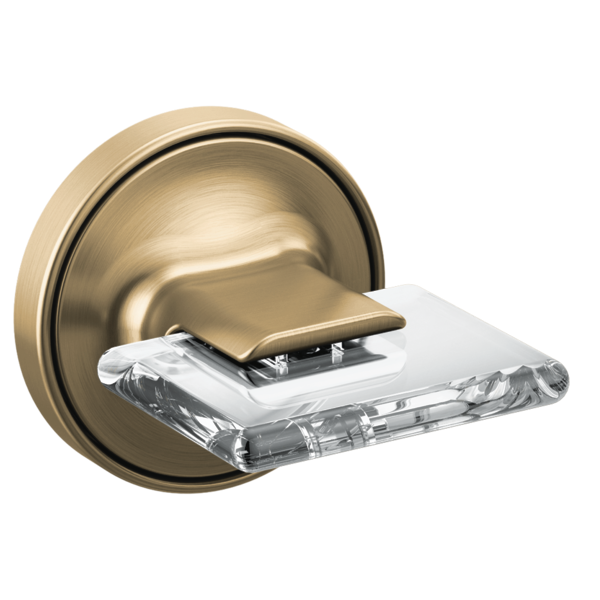 Brass wall-mount tub filler handle with clear acrylic lever and circular trim ring.