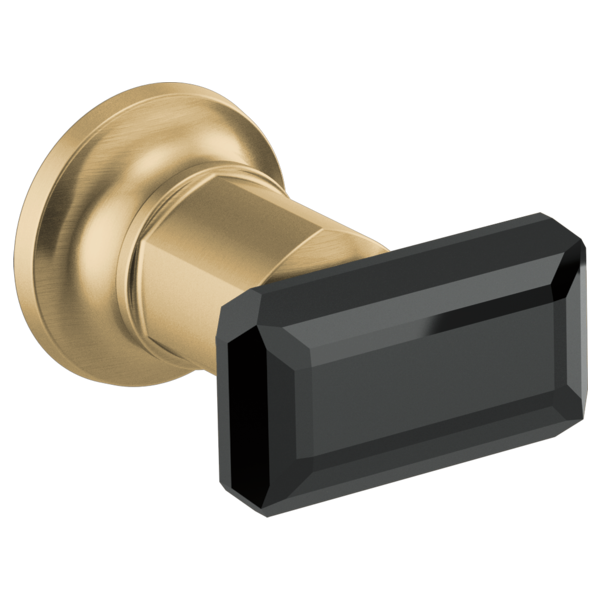 Wall-mounted tub filler with brass body and black crystal rectangular handle.