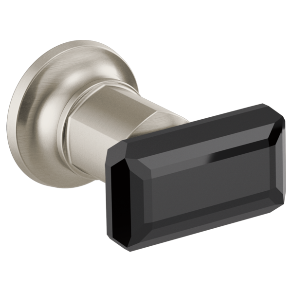 Wall-mounted tub filler with brushed nickel finish and black crystal knob handle.
