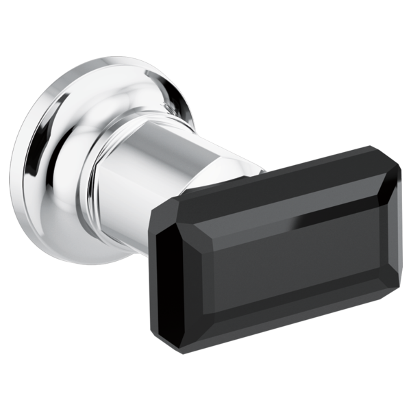 Wall-mount tub filler with polished chrome body and black crystal rectangular handle knob.