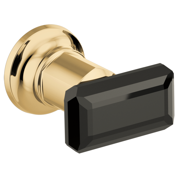 Brass wall-mount tub filler valve with black crystal rectangular handle knob.
