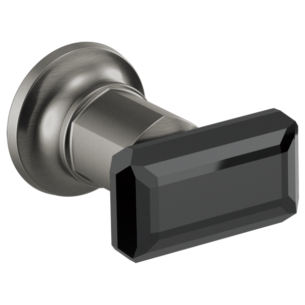 Black crystal handle tub filler valve with round wall mount base and rectangular knob handle.