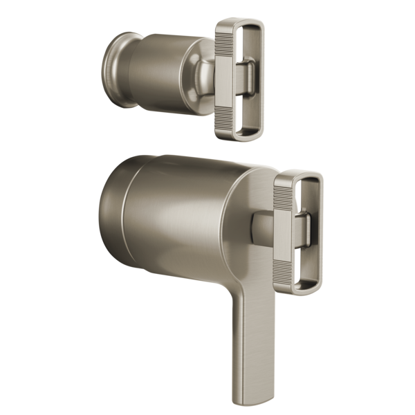 Two brushed nickel thermostatic valve handles with rectangular trim plates and knob controls for shower diverter system.