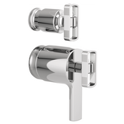 Chrome thermostatic valve with diverter trim and rectangular handle knob kit, shown in two component views.