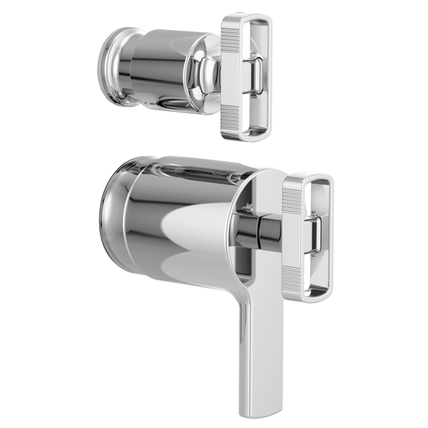 Chrome thermostatic valve with diverter trim and rectangular handle knob kit, shown in two component views.