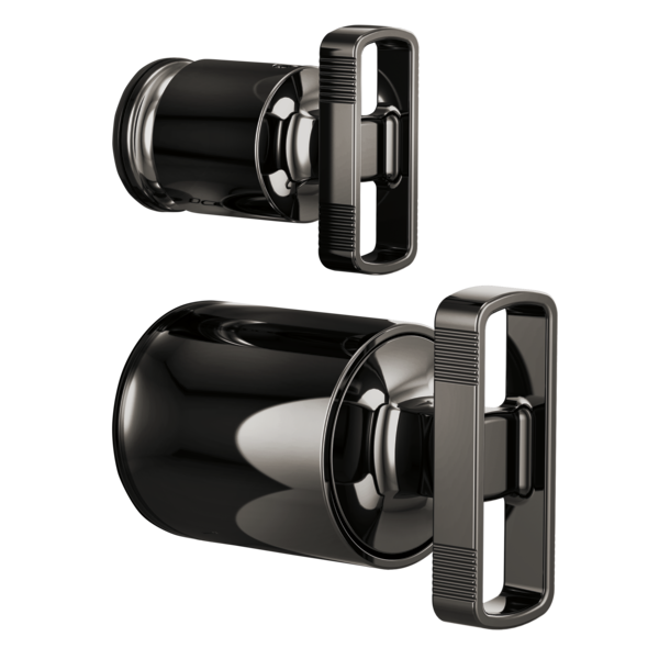 Black pressure balance valve with integrated diverter trim knob handle kit, shown in two angular views.