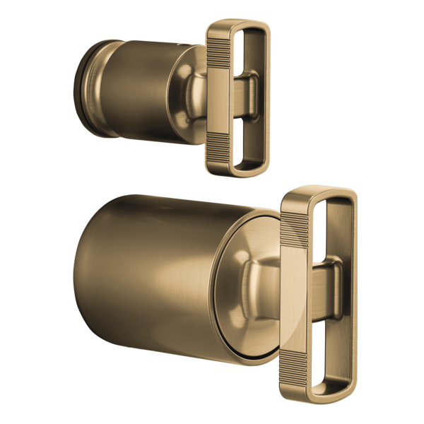 Brizo Kintsu pressure balance valve trim with brass knob handles and integrated diverter, two components shown.