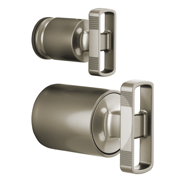 Brizo Kintsu pressure balance valve trim with integrated diverter and knob handles in brushed nickel finish, shown in two siz