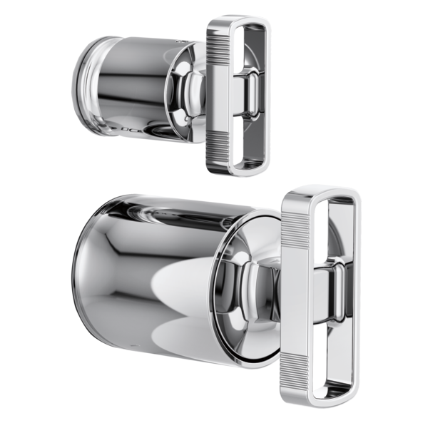 Chrome pressure balance valve trim with integrated diverter and rectangular knob handles in two finishes.