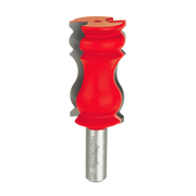 Red and gray crown molding router bit with decorative curved cutting edges and metal shank.