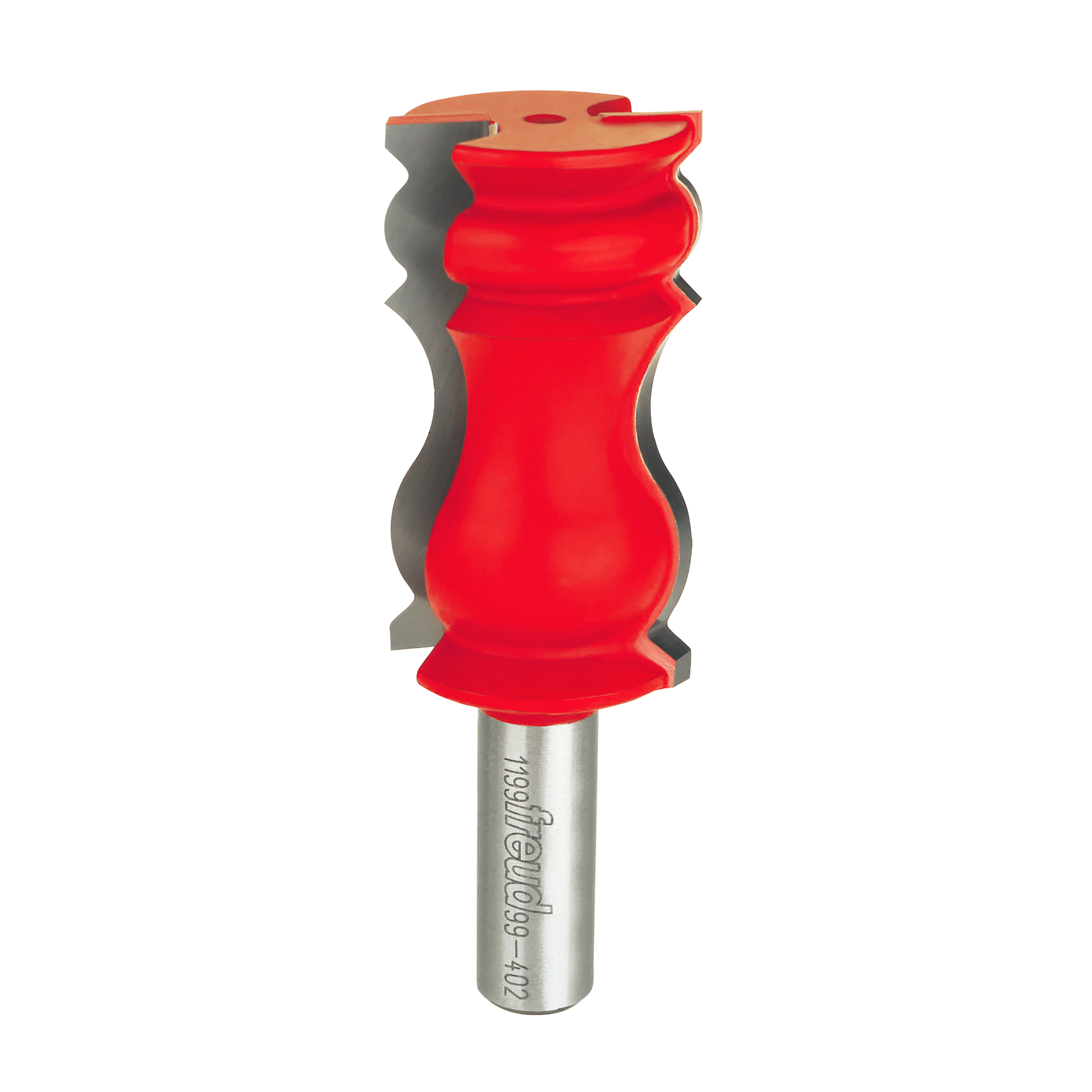 Red and gray crown molding router bit with decorative curved cutting edges and metal shank.