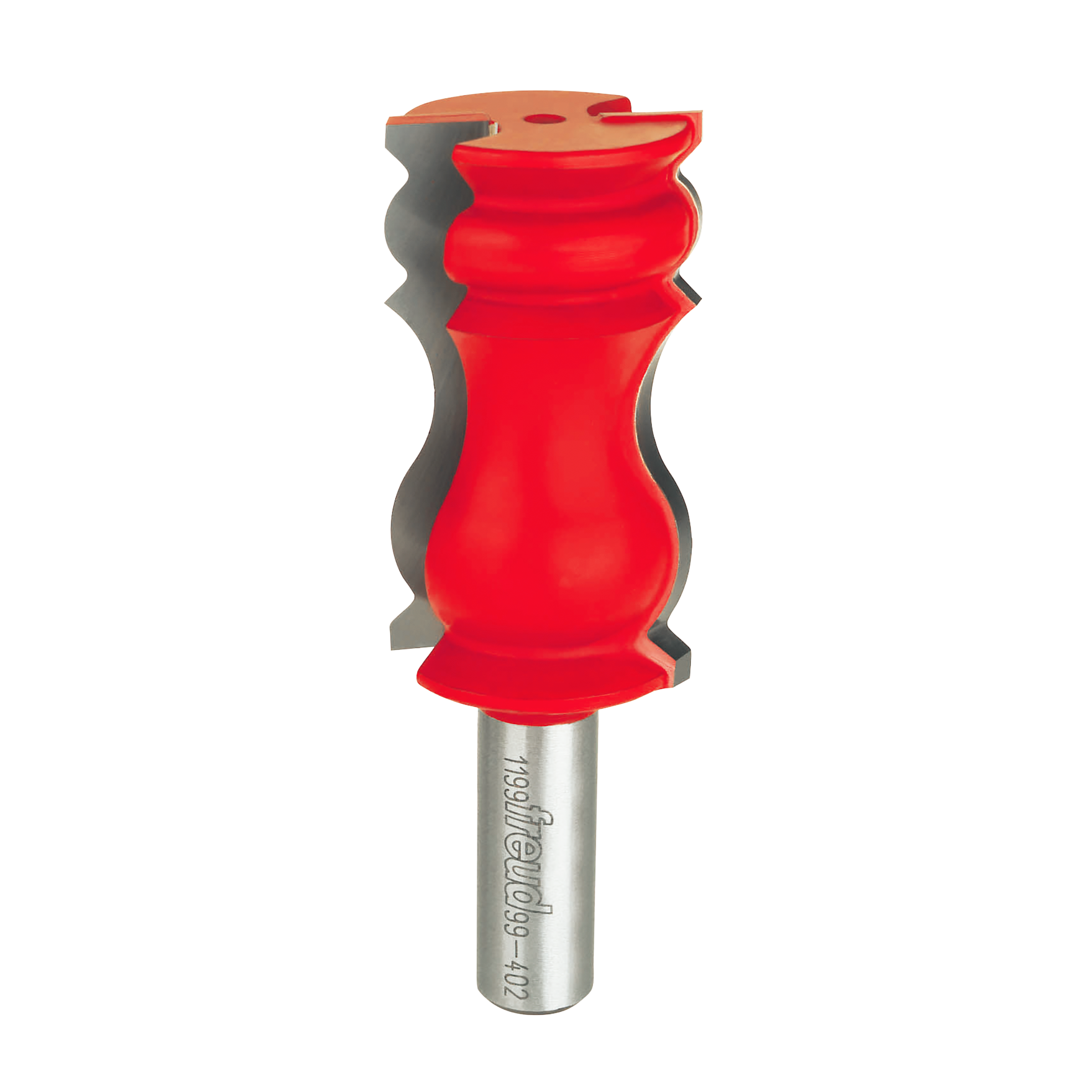 Red and gray crown molding router bit with decorative curved cutting edges and metal shank.