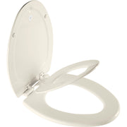 Biscuit-colored elongated children's toilet seat with closed front, featuring slow-close hinges and mounting hardware.