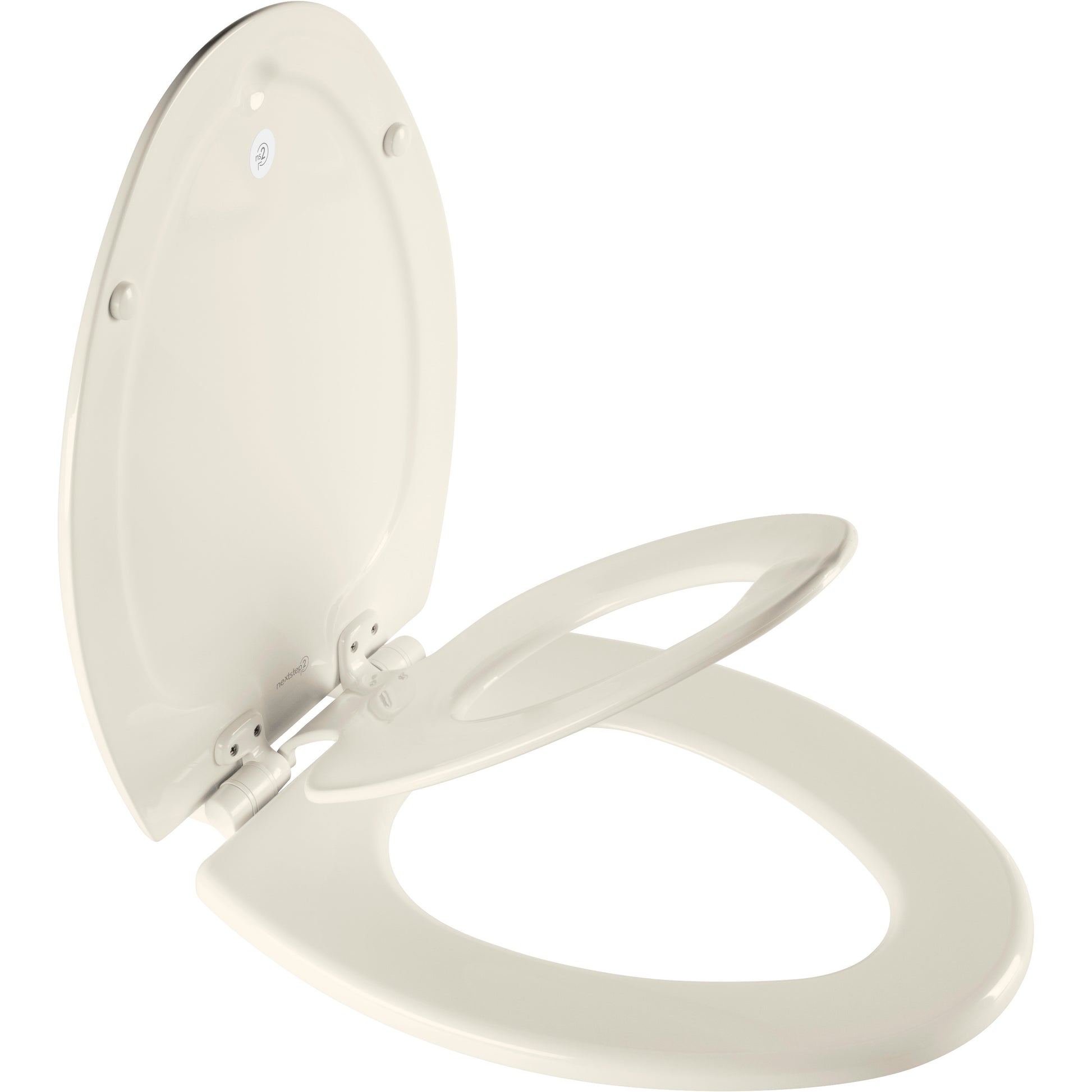 Biscuit-colored elongated children's toilet seat with closed front, featuring slow-close hinges and mounting hardware.