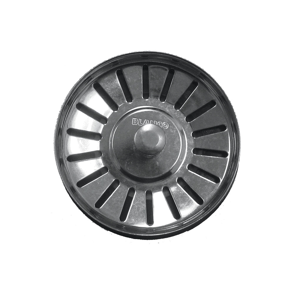 Black metal waste disposer stopper with radial slots and central knob, marked with Blanco branding.