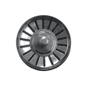 Black metal waste disposer stopper with radial slots and central knob, marked with Blanco branding.