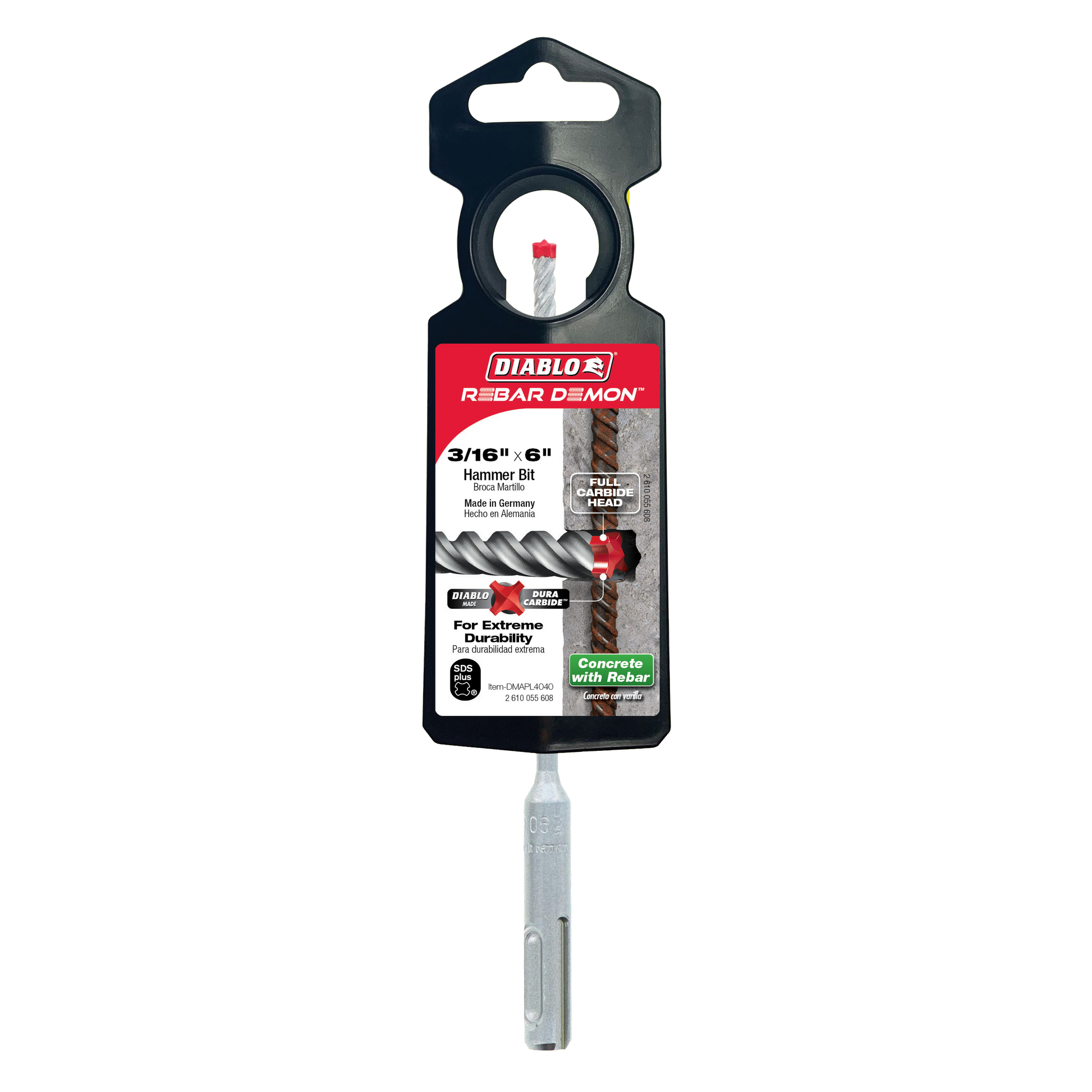 Diablo Rebar Demon 3/16-inch SDS-Plus hammer drill bit with carbide head and gray shaft in packaging.