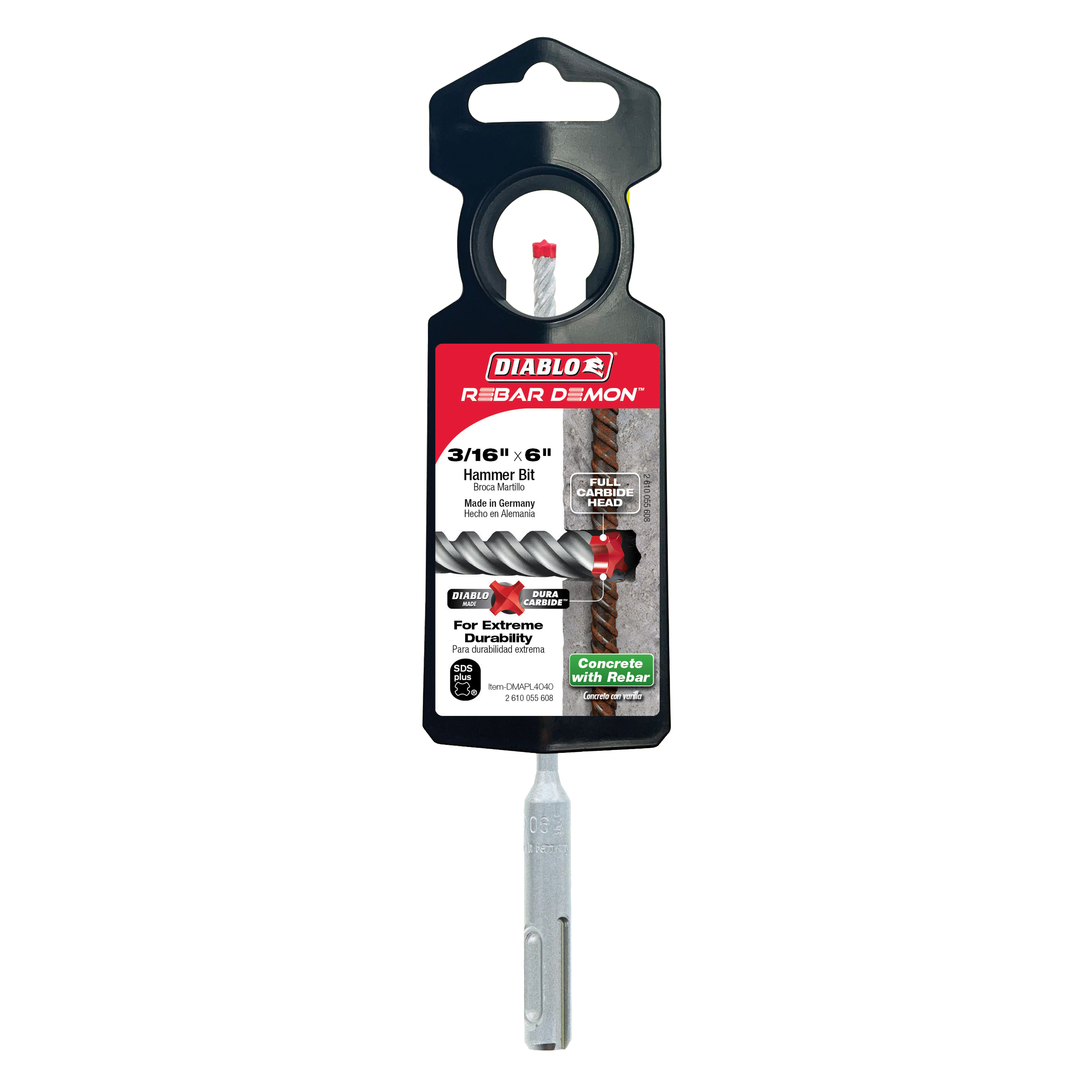 Diablo Rebar Demon 3/16-inch SDS-Plus hammer drill bit with carbide head and gray shaft in packaging.
