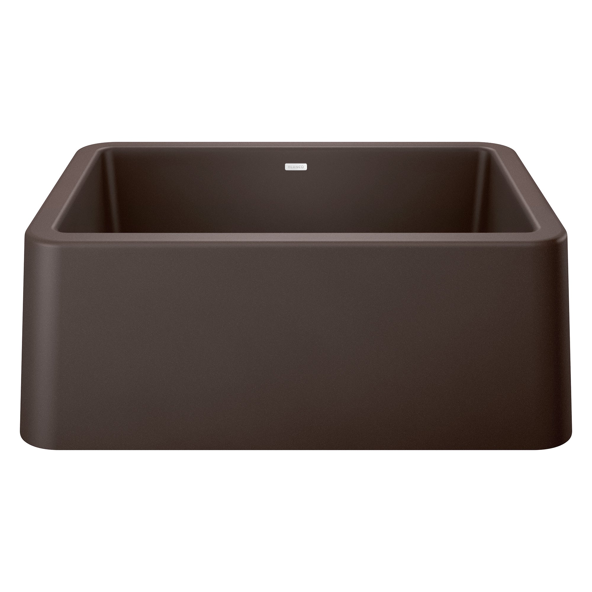 Cafe-colored single bowl farmhouse sink with apron front and rounded corners, viewed from above.